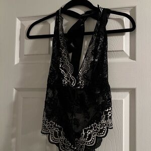 Black Lace Halter Bodysuit